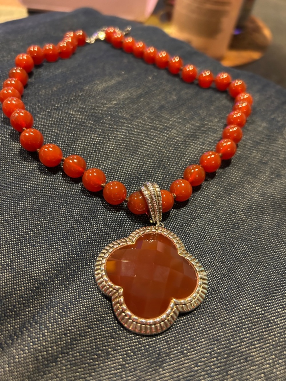 Whitney Kelly Carnelian Bead Necklace with Clover Pendant 925 Silver